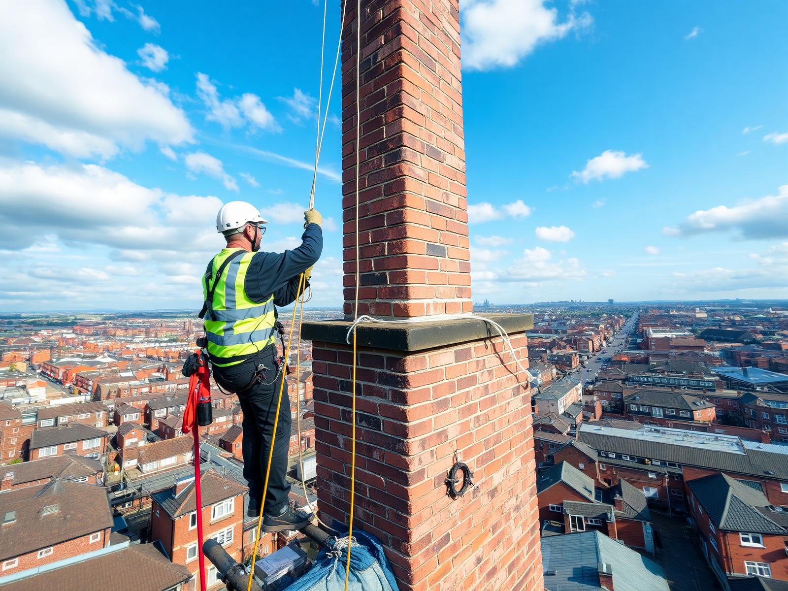 Rope access technician testing a lightning conductor on a brick chimney above Greater Manchester streets