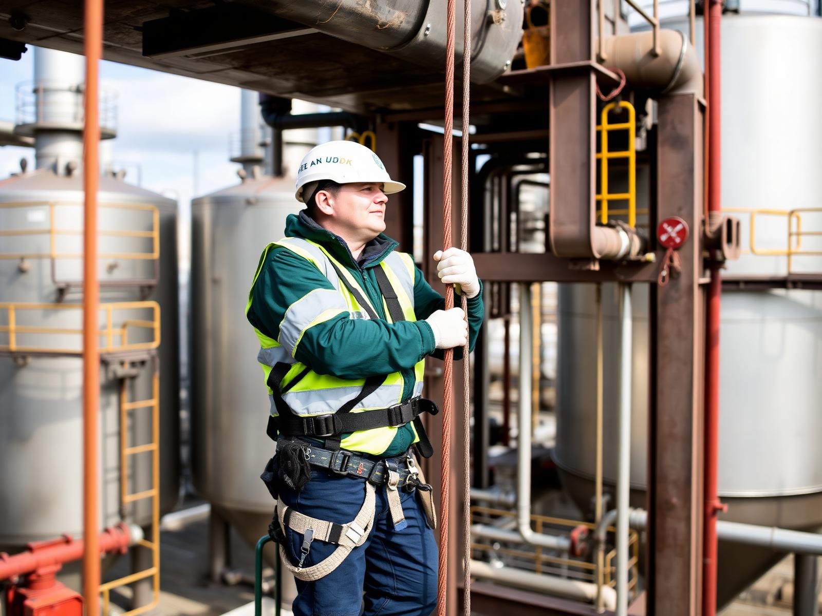 Rope access technician working at height during an industrial plant shutdown in Greater Manchester