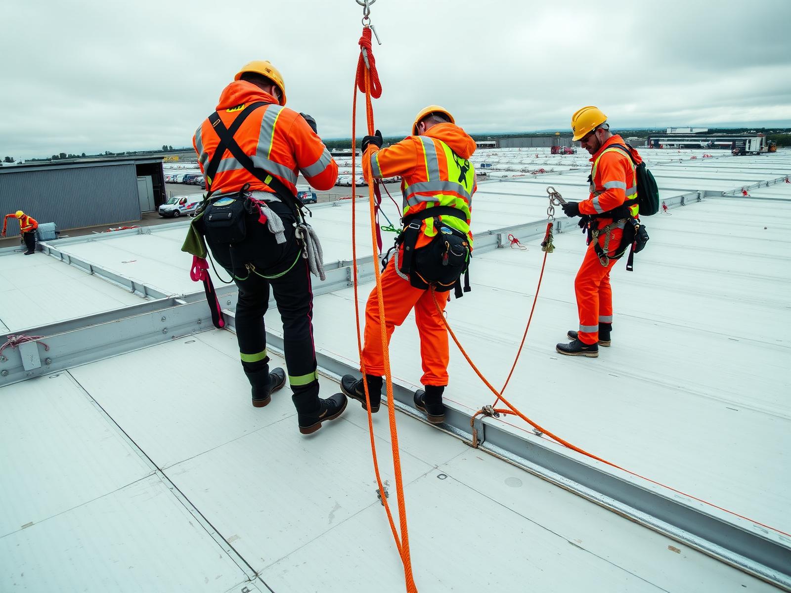 Rope access technicians in harnesses working on a large commercial industrial roof in Greater Manchester