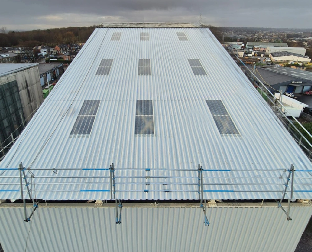Aerial view of the completed industrial roof replacement with new sheeting and rooflights