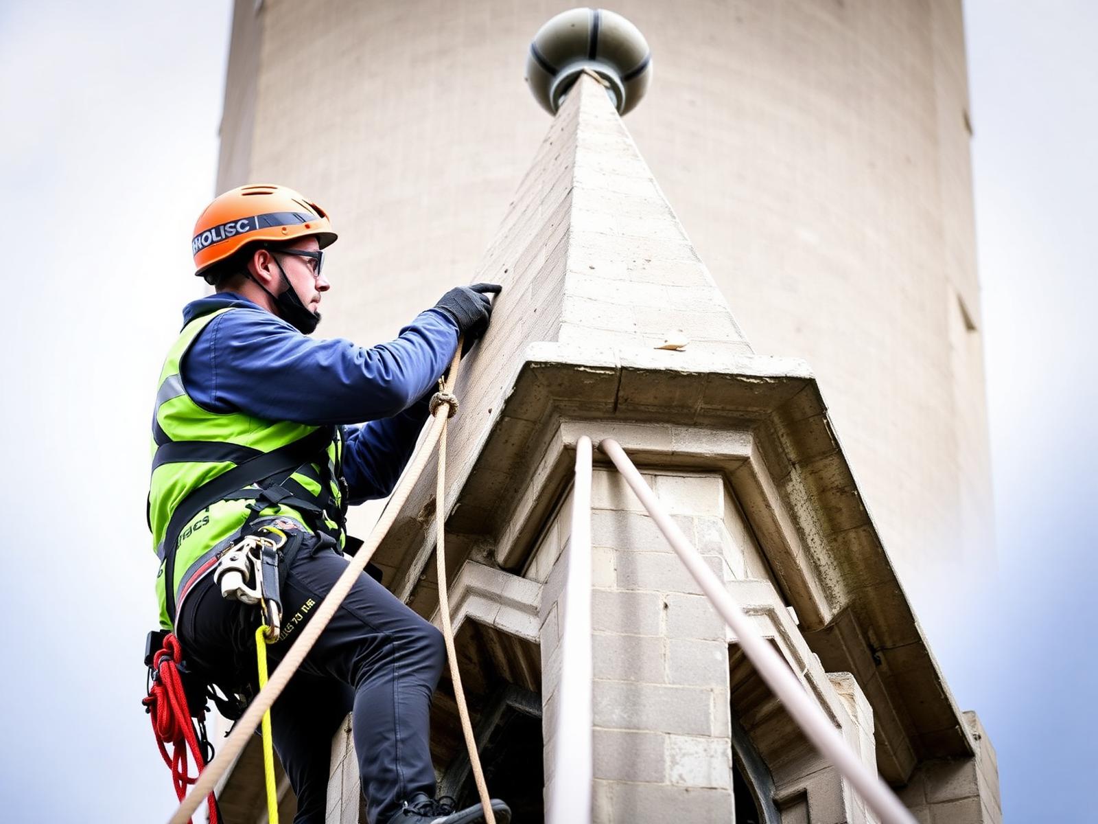 Steeplejack inspecting stone pinnacle masonry on a church spire in Greater Manchester