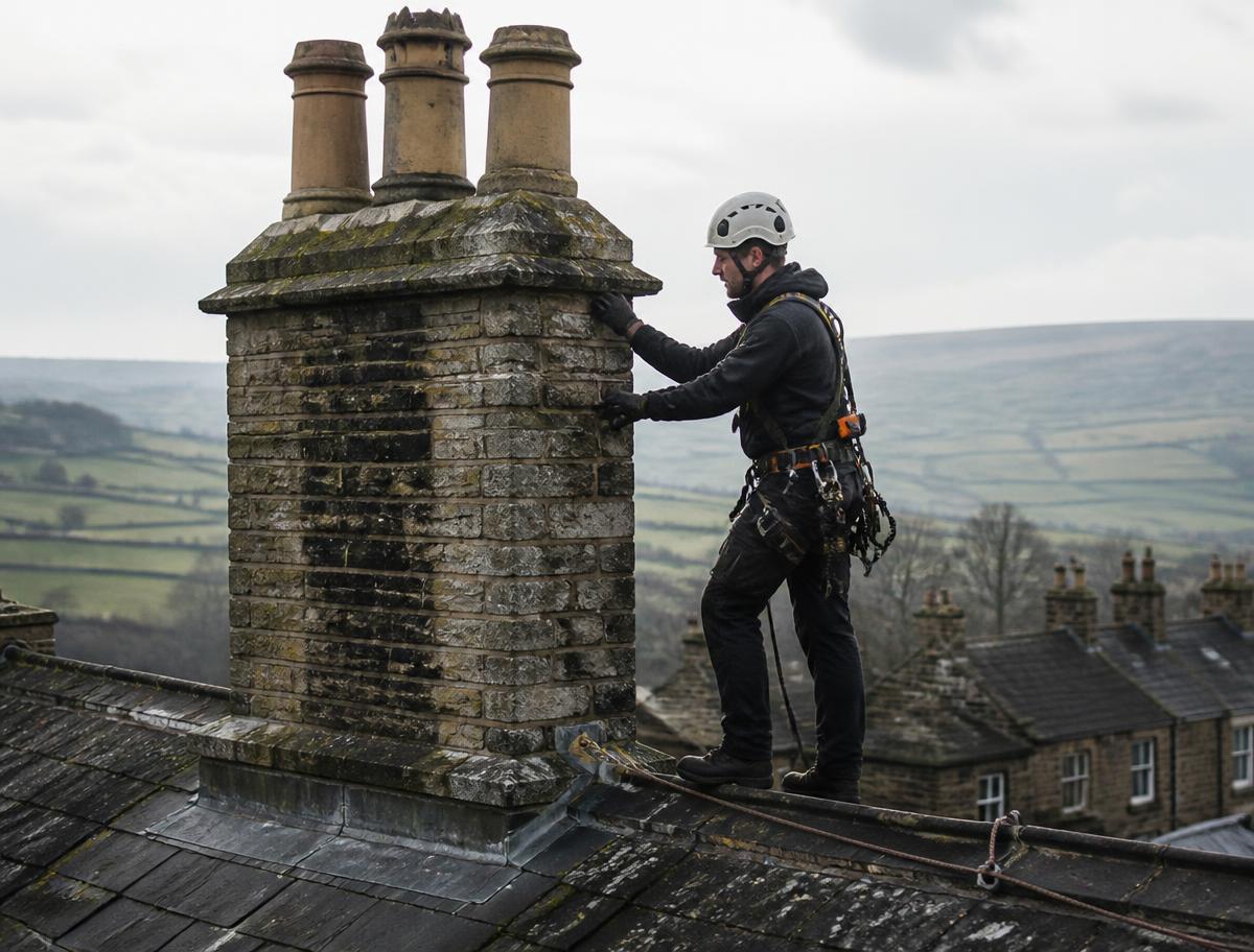 Technician inspecting a chimney on an older stone building with Pennine hills in the background