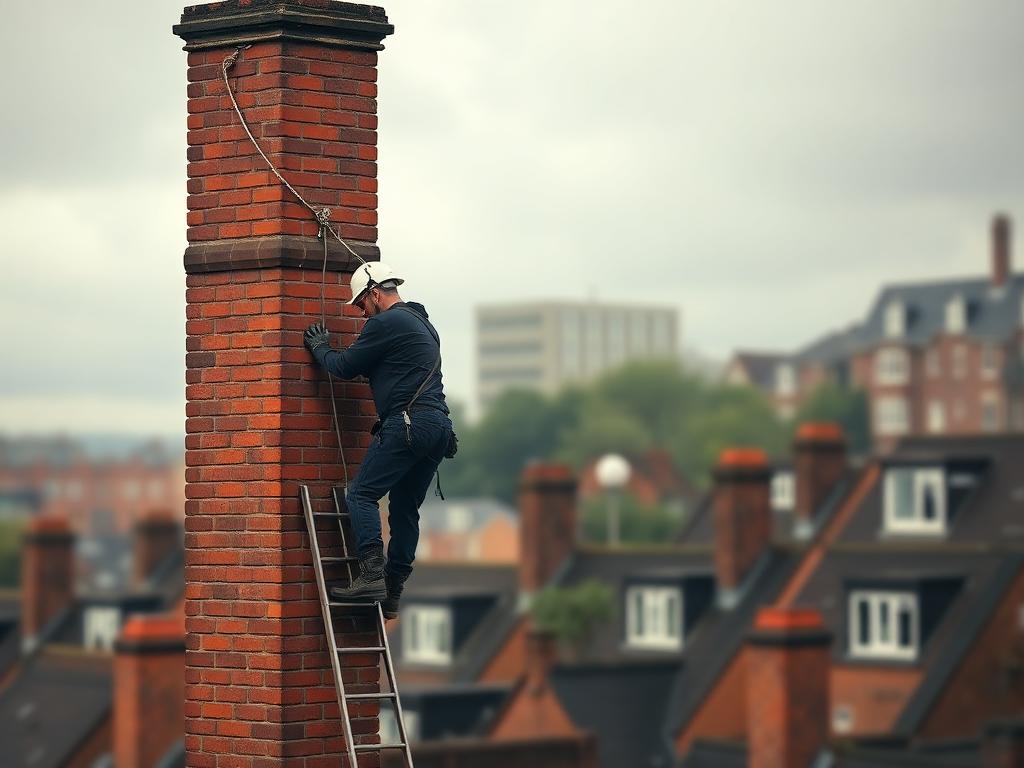 Steeplejack repairing a tall Victorian brick chimney stack