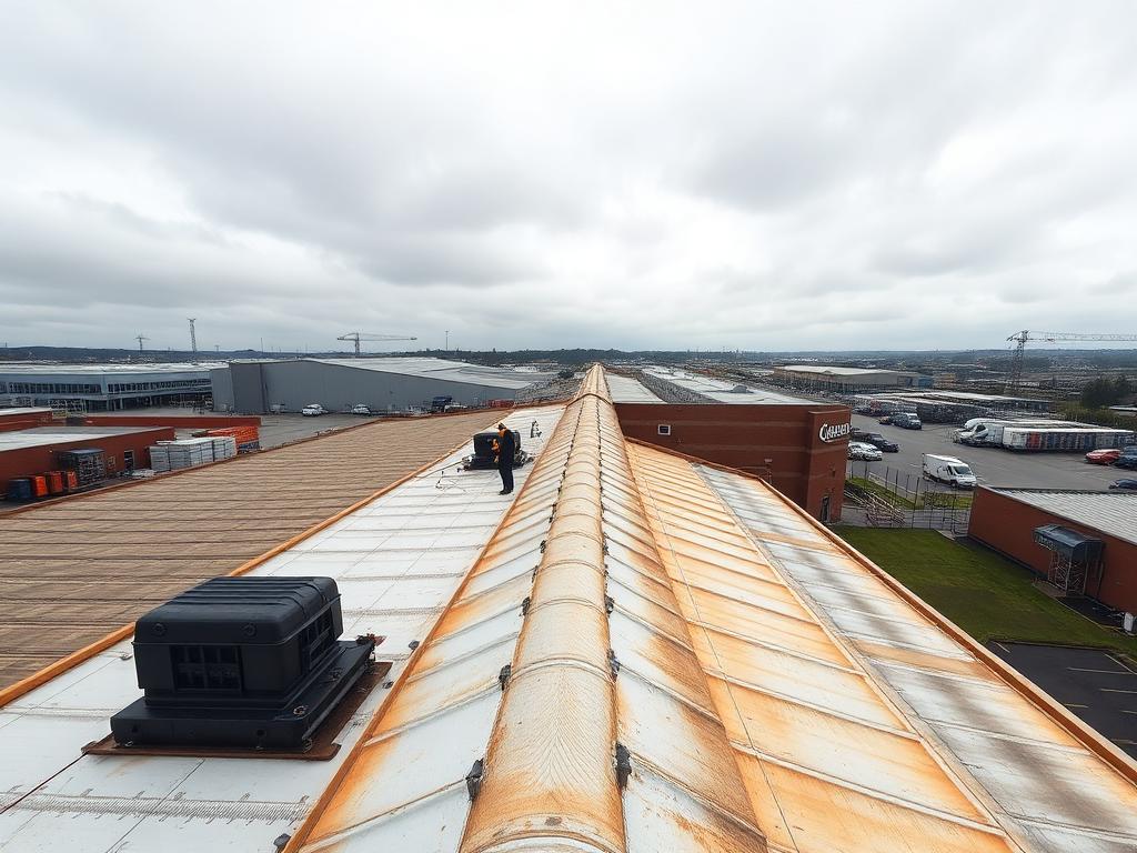 Contractors replacing the roof of a large commercial building in Greater Manchester