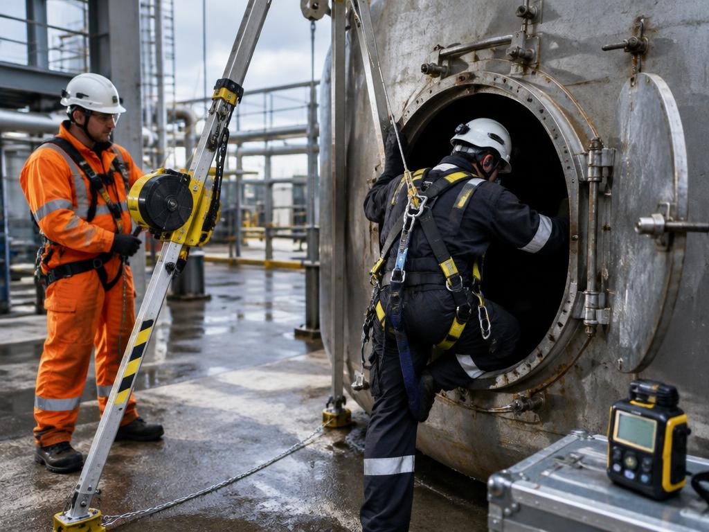 Confined-space technicians using a tripod and winch at an industrial vessel