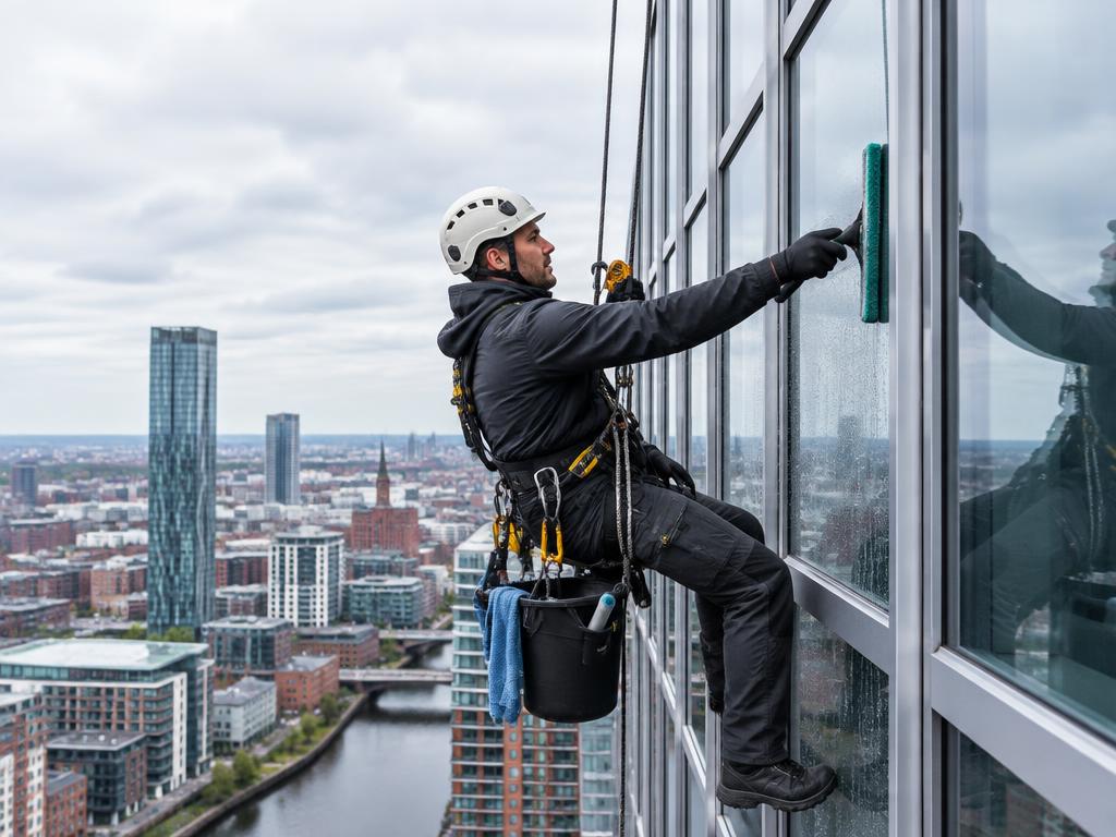 Rope-access technician cleaning the glazed façade of a high-rise building