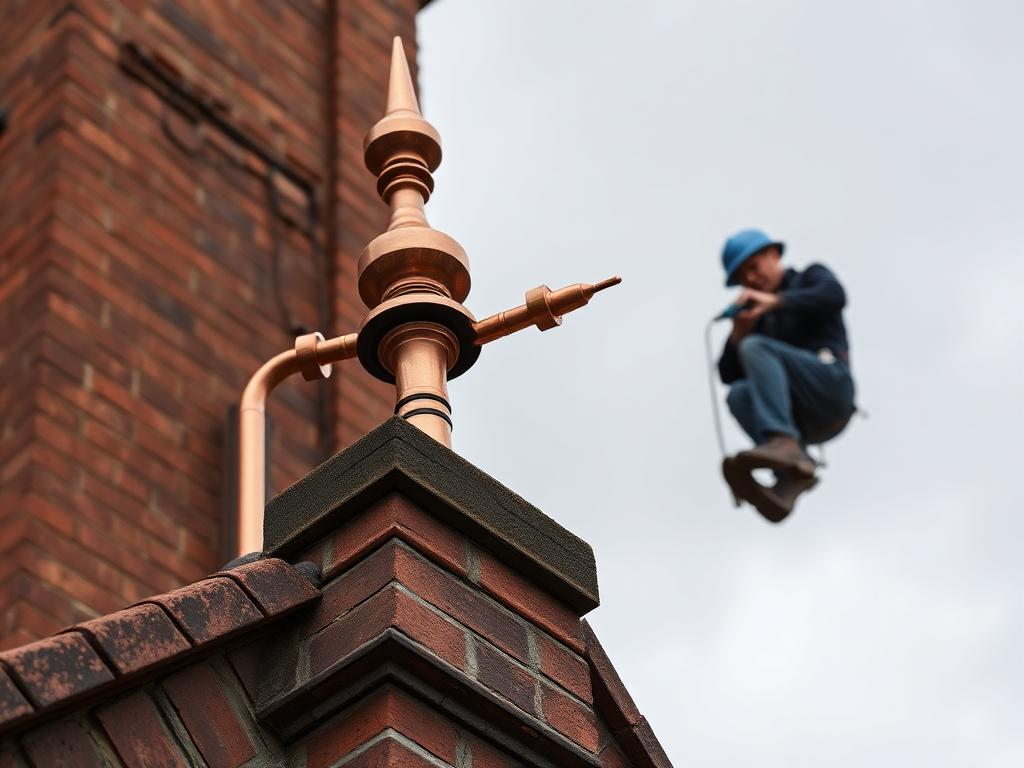 Copper lightning conductor finial on a tall brick building