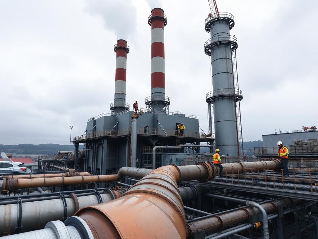 Industrial plant with stacks and pipework during a maintenance shutdown