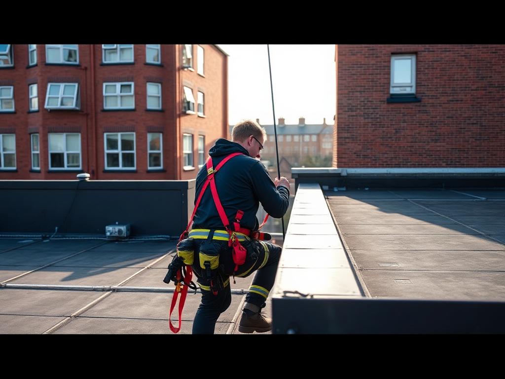 Rope access technician inspecting the edge of a commercial roof in Manchester