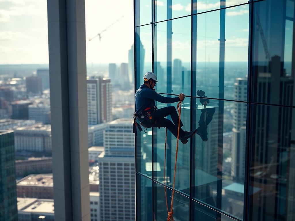 Rope access technician abseiling down a city office tower facade