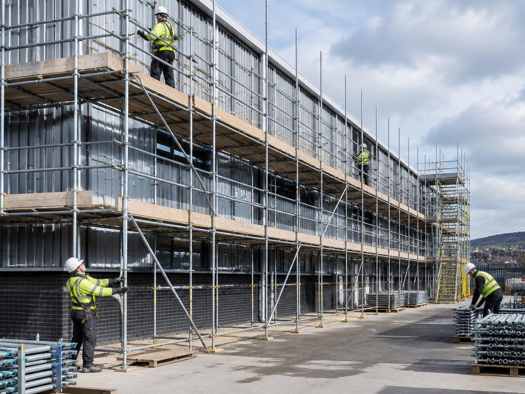 Scaffold specialists erecting access around a large industrial building