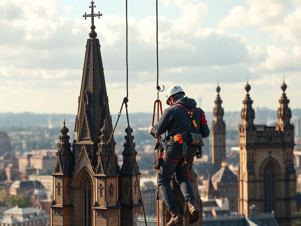 Steeplejack abseiling beside a Victorian church spire