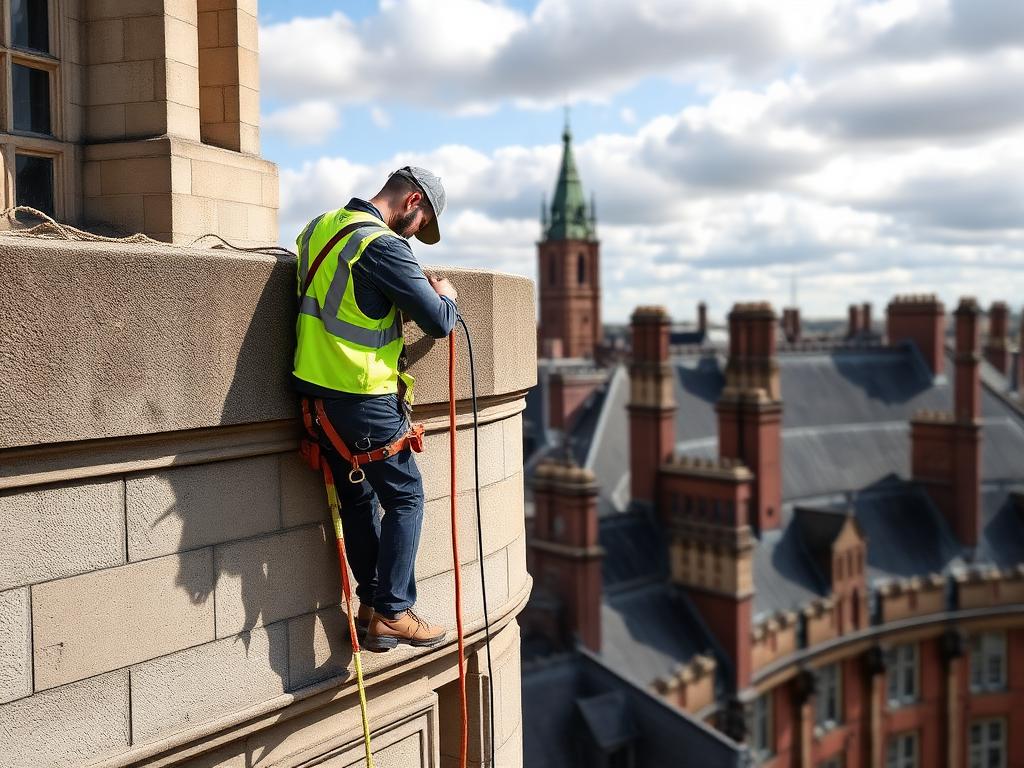 Mason repointing a sandstone parapet high above Manchester rooftops