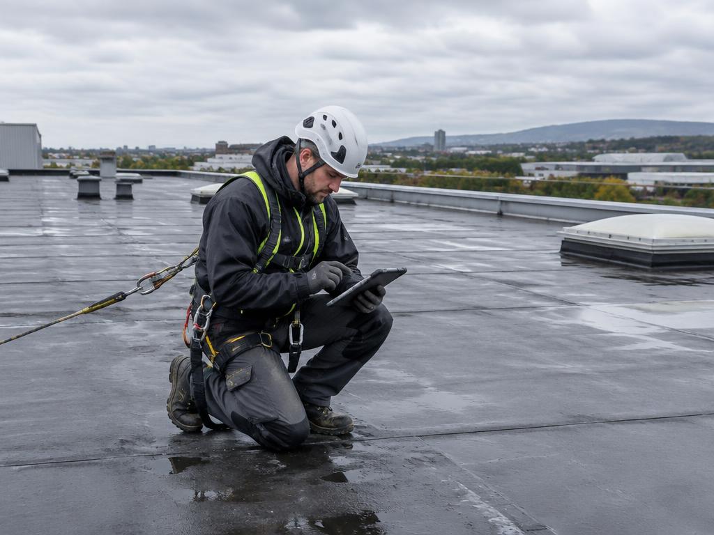 Roof surveyor documenting the condition of a commercial flat roof