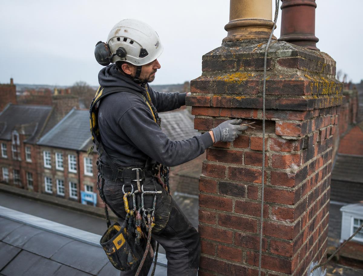 Technician carrying out chimney repair work on an older brick chimney in a northern English town